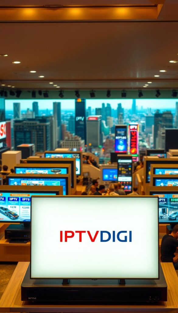 A bustling IPTV reseller market, filled with a diverse array of service offerings. In the foreground, a sleek, modern display showcases the IPTVDIGI brand, its bold logo and vibrant color scheme commanding attention. The middle ground features several IPTV-enabled devices, each showcasing different packages and pricing tiers, hinting at the comprehensive solutions available. In the background, a cityscape of skyscrapers and busy streets suggests a thriving urban landscape, where the IPTV reseller business can flourish. Warm, directional lighting casts a professional, high-tech ambiance, conveying the sophisticated nature of the IPTV reseller market.