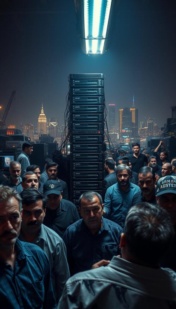 A bustling IPTV reseller marketplace, disrupted by the sudden arrest of a prominent player, IPTVDIGI. In the foreground, anxious resellers gather, their expressions a mix of shock and uncertainty. The middle ground features a towering stack of servers, symbolic of the technological infrastructure that underpins the industry, now thrown into turmoil. In the background, a dimly lit cityscape sets the stage, conveying the high-stakes, clandestine nature of this shadowy market. The scene is illuminated by a harsh, overhead light, casting dramatic shadows and emphasizing the tension and unease permeating the environment.
