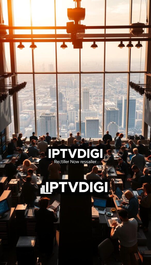 A bustling IPTV reseller marketplace, illuminated by warm sunlight filtering through large windows. In the foreground, the IPTVDIGI brand logo stands prominently, surrounded by a variety of digital devices and networking equipment. In the middle ground, resellers negotiate deals, analyze sales data, and discuss market trends on sleek laptops and tablets. The background reveals a panoramic view of a thriving urban landscape, showcasing the scale and growth of the IPTV reseller industry. The scene conveys a sense of momentum, innovation, and the ever-expanding opportunities within this dynamic market.