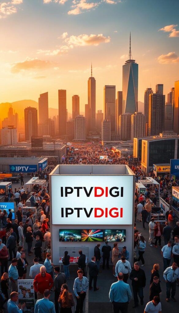 A bustling IPTV reseller marketplace set against a vibrant cityscape, bathed in the warm glow of golden-hour lighting. In the foreground, a large display showcases the IPTVDIGI brand, its sleek design and bold colors commanding attention. Surrounding it, a flurry of activity as resellers negotiate deals, showcase their offerings, and connect with potential customers. In the middle ground, a diverse array of resellers, each with their unique branding and product lines, engage in lively discussions. The background is filled with towering skyscrapers, reflecting the rapid growth and dynamism of the IPTV reseller industry. The scene conveys a sense of opportunity, collaboration, and the promise of a thriving, interconnected market.