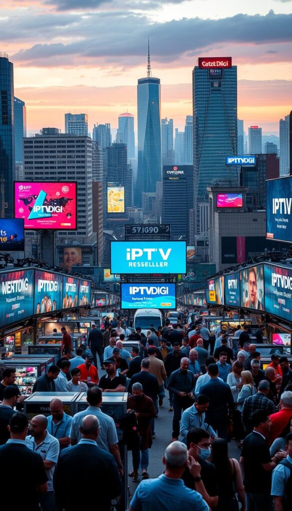 A bustling IPTV reseller marketplace set against a vibrant cityscape, with skyscrapers and neon-lit billboards showcasing the IPTVDIGI brand. In the foreground, merchants haggle over the latest streaming packages, surrounded by a diverse array of customers and resellers. The middle ground features a central hub of activity, where digital displays showcase trending IPTV services and growth statistics. In the background, a skyline glimmers with the promise of a thriving industry, as the IPTV reseller market continues to expand and evolve.