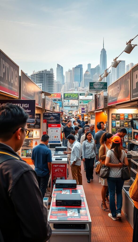 A bustling IPTV reseller marketplace, with stalls and kiosks showcasing a diverse array of IPTV plans and services. In the foreground, a vendor from IPTVDIGI demonstrates their cutting-edge IPTV reseller packages, highlighting features like HD streaming, extensive channel lineups, and reliable uptime. The middle ground features potential customers examining IPTV devices and comparing offers, while the background reveals a vibrant city skyline, hinting at the growing urban demand for affordable IPTV solutions. Warm lighting casts a welcoming glow, capturing the energy and potential of this thriving IPTV reseller market.