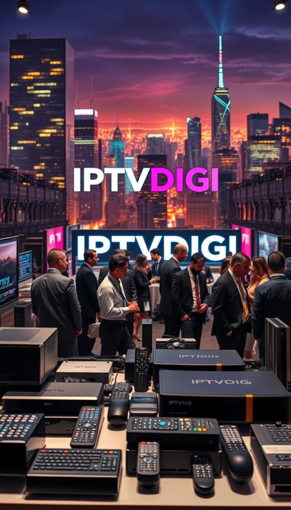 A bustling IPTV reseller marketplace with the IPTVDIGI brand prominently displayed. The foreground showcases various streaming devices, remote controls, and networking equipment, hinting at the diverse product offerings. In the middle ground, stylishly dressed IPTV resellers engage in animated discussions, negotiating deals and exchanging market insights. The background features a dynamic cityscape, with towering skyscrapers and a vibrant, neon-lit nighttime atmosphere, conveying the fast-paced and ever-evolving nature of the IPTV reseller industry. The lighting is a harmonious blend of warm and cool tones, creating a sense of energy and professionalism. The overall composition and attention to detail capture the essence of the thriving IPTV reseller market and its key players.