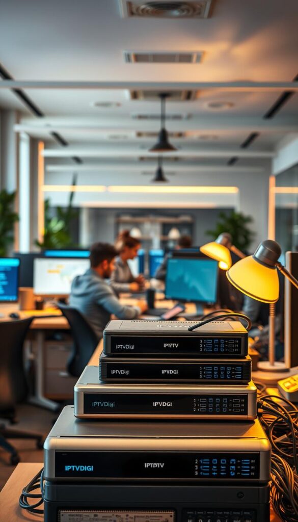 A bustling IPTV reseller's office, bathed in the warm glow of desk lamps and computer screens. In the foreground, a stack of IPTVDIGI branded hardware and accessories, conveying the tangible, hands-on nature of the business. In the middle ground, a team of focused resellers, discussing deals and strategizing on their laptops. The background showcases a sleek, minimalist workspace, with clean lines and ample natural light, hinting at the professionalism and efficiency of the operation. An atmosphere of hustle and opportunity pervades the scene, capturing the essence of IPTV reselling as a lucrative and thriving enterprise.