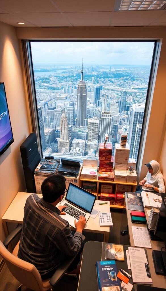 A bustling IPTV reseller's office, with the IPTVDIGI logo prominently displayed on the wall. In the foreground, a person sits at a desk, laptop open, discussing reseller opportunities with a client. The middle ground showcases various IPTV service packages, packages, and marketing materials, while the background reveals a panoramic view of a thriving city skyline, conveying the sense of a lucrative and growing industry. The lighting is warm and inviting, creating a professional and successful atmosphere. The camera angle is slightly elevated, giving a bird's-eye view of the scene, emphasizing the scale and opportunity of the IPTV reselling business.