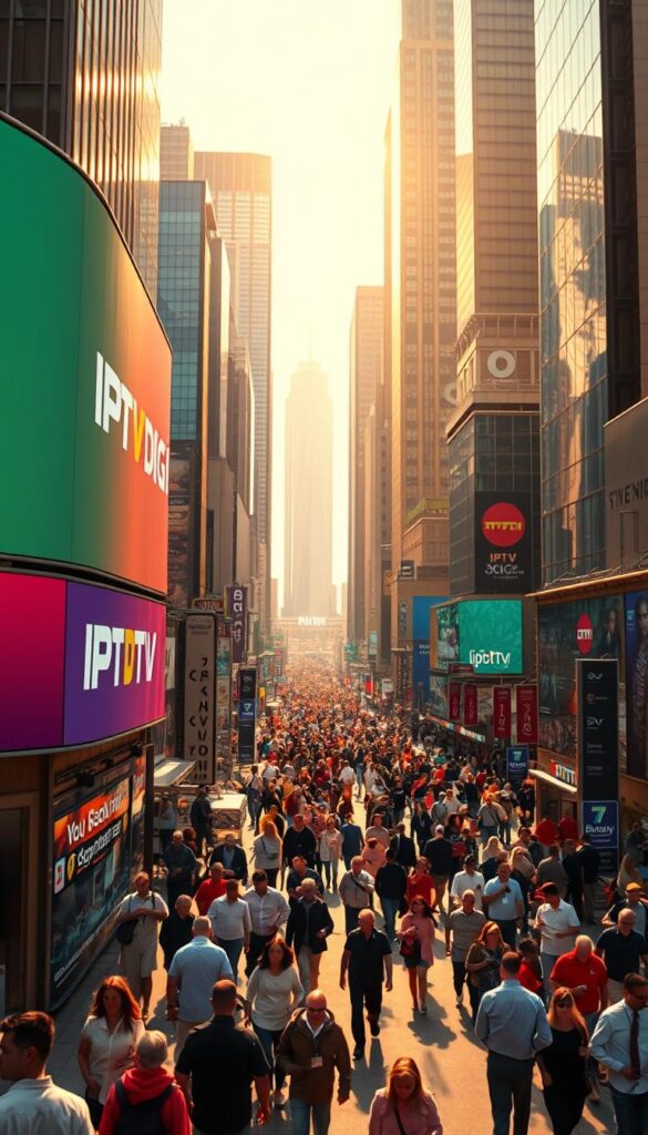 A bustling IPTV reselling landscape in 2023, captured with a wide-angle lens. In the foreground, a large billboard prominently displays the IPTVDIGI brand, its vibrant colors and sleek design catching the eye. In the middle ground, a throng of people navigate a bustling marketplace, discussing IPTV packages and promotions. The background is filled with towering skyscrapers, their reflective surfaces glinting in the warm, golden sunlight that casts a soft, inviting glow over the entire scene. The atmosphere is one of energy, innovation, and a sense of a rapidly evolving industry.