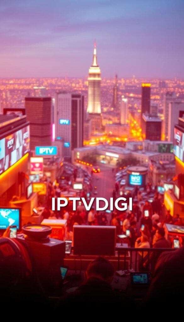 A bustling IPTV reselling marketplace, bathed in a warm, ambient light. In the foreground, a stylized "IPTVDIGI" logo stands out, its sleek design hinting at the cutting-edge technology driving the industry. The middle ground is populated with a diverse array of digital devices, from smartphones to tablets, each representing the various platforms and devices used by IPTV resellers and their customers. In the background, a vibrant cityscape stretches out, symbolizing the global reach and expansion of the IPTV reselling market. The overall atmosphere conveys a sense of dynamism, innovation, and the ever-evolving nature of this thriving industry.