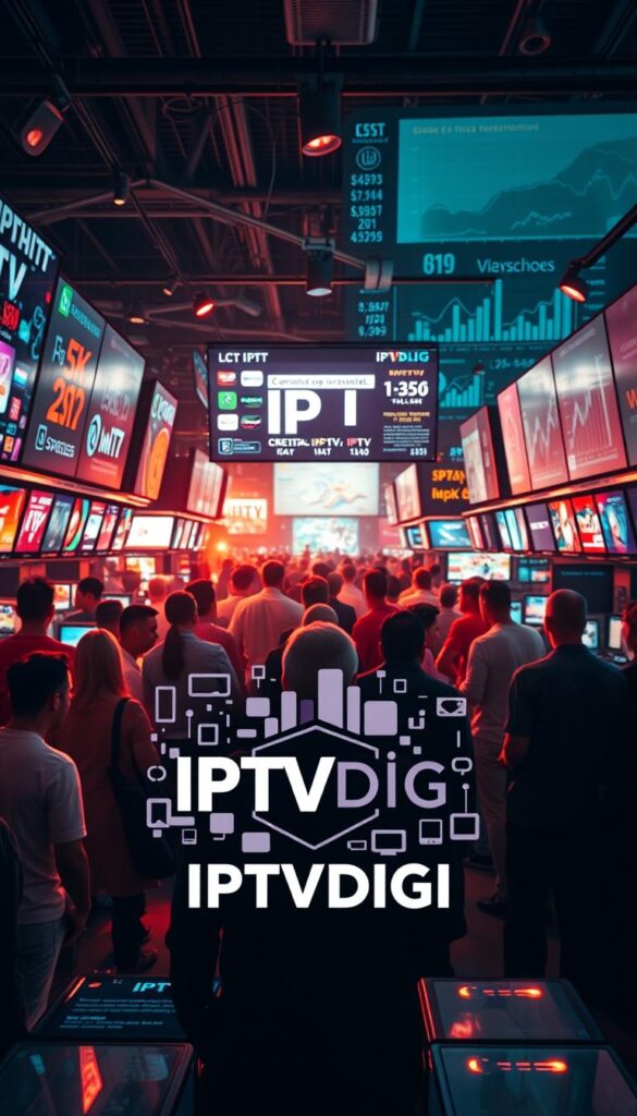 A bustling IPTV reselling marketplace, illuminated by the warm glow of LED screens. In the foreground, a stylized IPTVDIGI logo stands out, surrounded by a collage of digital devices, streaming platforms, and transaction icons. The middle ground features a diverse array of IPTV resellers, each offering a range of packages and services, their faces obscured by the techno-centric atmosphere. In the background, a data-driven landscape unfolds, with charts, graphs, and projections highlighting the exponential growth of the IPTV reselling industry. The scene is captured with a cinematic, high-contrast lighting, creating a sense of dynamism and urgency, reflecting the rapidly evolving nature of this thriving market.