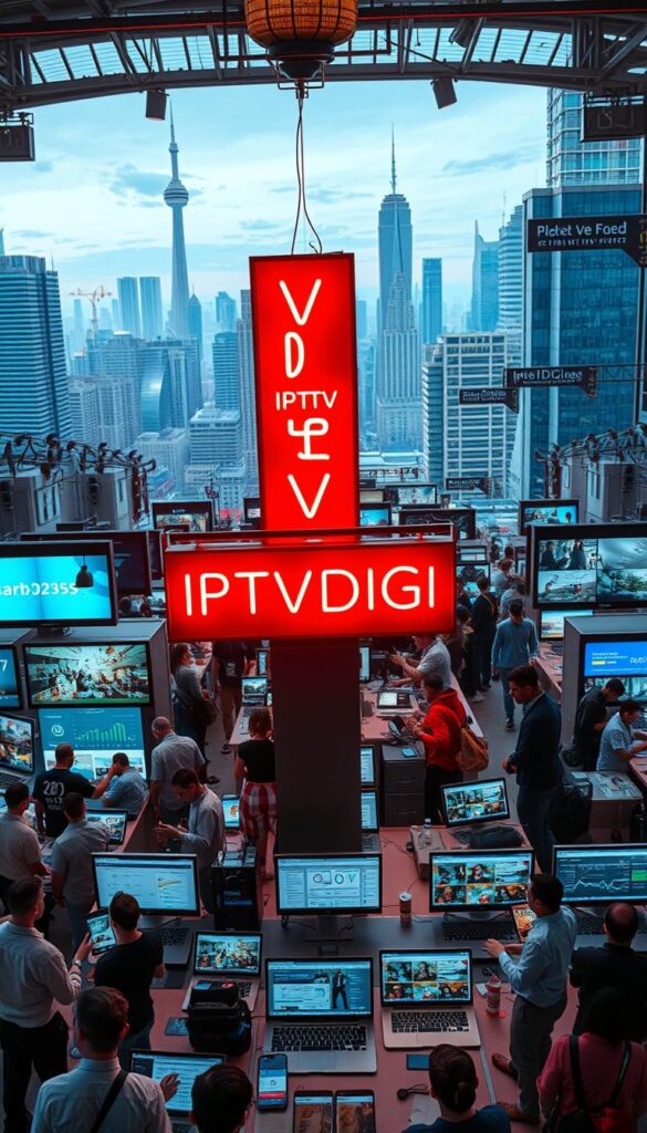 A bustling IPTV reselling marketplace in 2025, seen through a wide-angle lens. In the foreground, a large neon sign proudly displays the brand "IPTVDIGI", casting a warm glow over the scene. Resellers negotiate deals, compare packages, and showcase their offerings to a diverse crowd of potential customers. In the middle ground, rows of laptop screens display intricate dashboards, analytics, and sales figures, reflecting the data-driven nature of the industry. The background is filled with a dynamic cityscape, skyscrapers reaching towards the sky, symbolizing the growth and evolution of the IPTV reselling market. The overall atmosphere is one of excitement, innovation, and a sense of the future unfolding.
