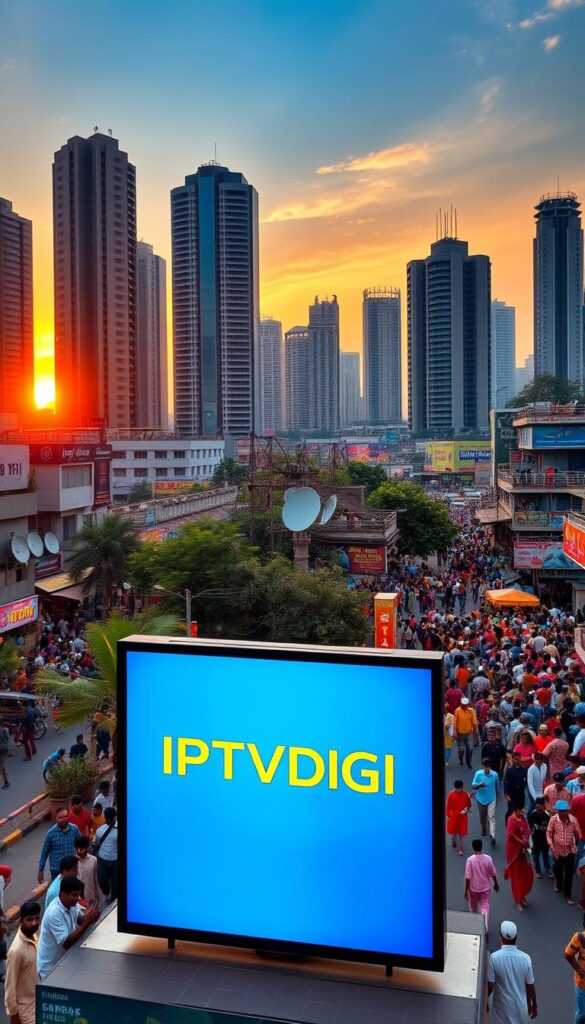 A bustling Indian cityscape at dusk, with towering skyscrapers and vibrant streets. In the foreground, a digital billboard displays the sleek, modern logo of "IPTVDIGI", casting a warm glow over the scene. The middle ground features a network of satellite dishes and antennas, symbolizing the growing infrastructure that powers the IPTV market. In the background, a vibrant, diverse crowd of people goes about their daily lives, reflecting the widespread adoption of IPTV services across India. The scene is lit by a golden sunset, creating a sense of optimism and growth. The image is captured with a wide-angle lens, emphasizing the scale and dynamism of the IPTV market in India.