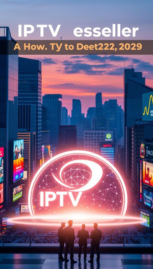 A bustling city skyline at dusk, with sleek high-rise buildings and neon-lit billboards advertising the lucrative world of IPTV reselling. In the foreground, a stylized logo for "IPTVDIGI" shines brightly, reflecting the endless opportunities for entrepreneurs in this rapidly growing industry. The middle ground features a group of professional-looking individuals discussing business strategies, surrounded by holographic displays showcasing various IPTV packages and analytics. The background is filled with a vibrant, energetic atmosphere, capturing the dynamic nature of the IPTV reseller market.