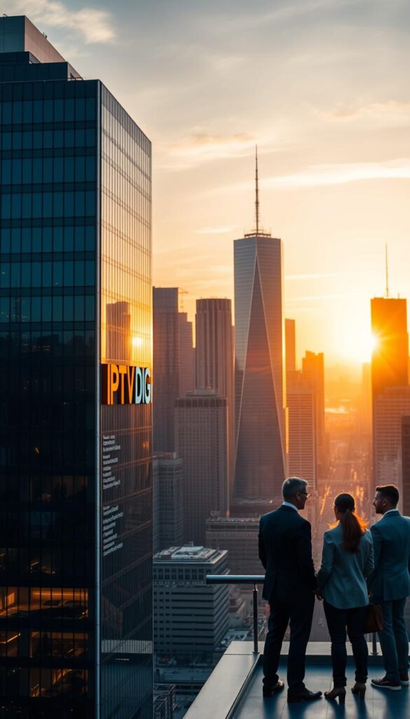 A bustling city skyline at golden hour, with towering skyscrapers and a vibrant IPTVDIGI logo prominently displayed on a sleek, modern office building in the foreground. In the middle ground, a group of professionals in business attire are engaged in animated discussions, hinting at the dynamic nature of the IPTV reseller market. The background is filled with the soft glow of the setting sun, casting a warm, inviting atmosphere over the scene. The composition is balanced, with a focus on the IPTVDIGI brand and the energy of the growing IPTV reseller industry.