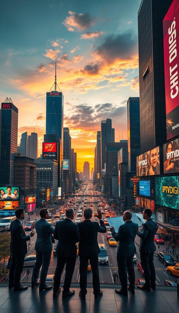 A bustling city skyline at twilight, with towering skyscrapers and neon-lit billboards advertising the "IPTVDIGI" brand. In the foreground, a group of businesspeople in suits discussing charts and graphs, gesturing animatedly. The middle ground features a busy intersection with traffic and pedestrians, capturing the energy and growth of the IPTV reseller market. The background is a vibrant, colorful landscape with a warm, golden glow, conveying a sense of opportunity and prosperity. The lighting is cinematic, with dramatic shadows and highlights, and the camera angle is slightly elevated, providing a bird's-eye view of the dynamic scene.
