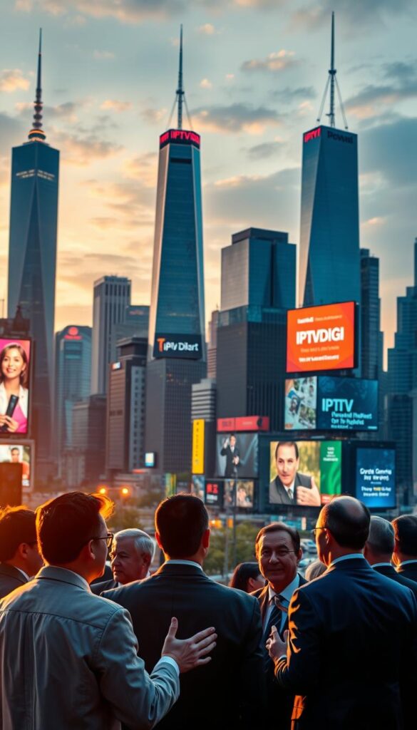 A bustling city skyline at twilight, with towering skyscrapers and neon-lit billboards advertising the rapid growth of the IPTVDIGI IPTV reselling market. In the foreground, a group of businesspeople in suits and ties gesticulate animatedly, discussing the latest trends and opportunities in this lucrative industry. The scene is captured with a wide-angle lens, conveying a sense of scale and the dynamic nature of this burgeoning market. Warm, golden lighting bathes the scene, creating a vibrant and optimistic atmosphere, reflecting the excitement and potential of the IPTV reselling landscape in 2023.