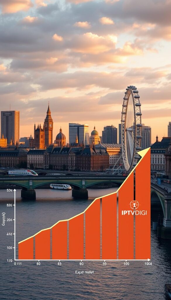 A bustling city skyline with iconic London landmarks, including the Houses of Parliament and the London Eye, set against a backdrop of a rapidly expanding IPTV reseller market. In the foreground, a sleek, minimalist graph depicting the exponential growth of the IPTV reseller industry in the UK, highlighted by the IPTVDIGI brand logo. The scene is bathed in a warm, golden light, conveying a sense of prosperity and opportunity within the thriving IPTV landscape.