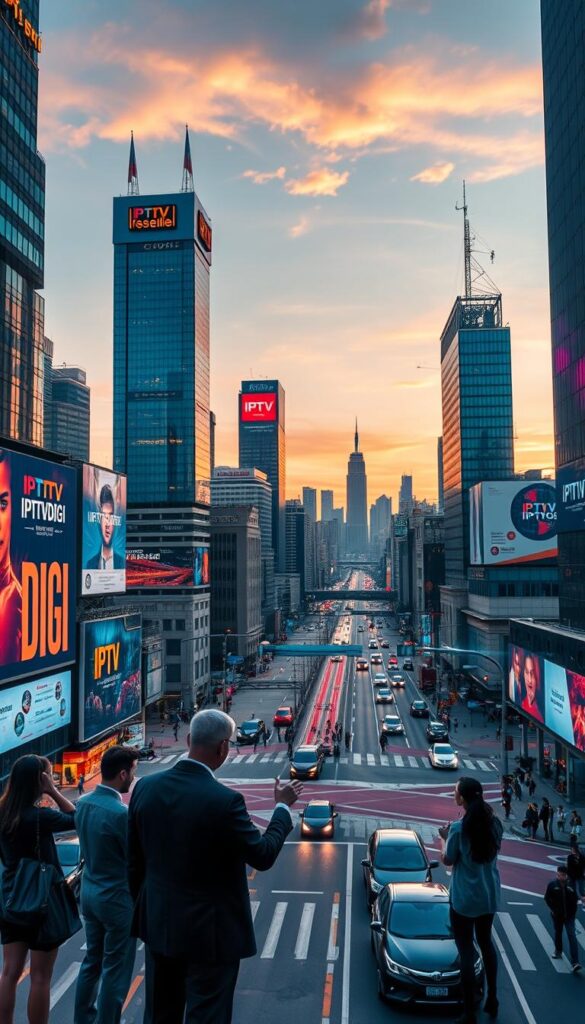 A bustling cityscape at dusk, with towering skyscrapers and neon-lit billboards showcasing the IPTVDIGI brand. In the foreground, a group of business people discussing IPTV reseller opportunities, their expressions animated as they gesture towards a sleek, holographic display. The middle ground features a busy intersection, with autonomous vehicles and pedestrians navigating the dynamic urban landscape. In the background, a panoramic view of the city skyline, bathed in the warm glow of the setting sun, conveying a sense of growth, innovation, and endless potential for the IPTV reseller market.