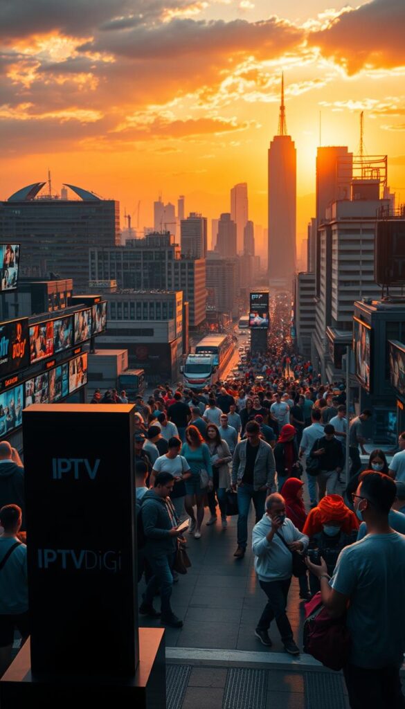 A bustling cityscape at golden hour, showcasing the booming world of IPTV reselling. In the foreground, the IPTVDIGI logo stands prominently, reflecting the vibrant energy of the industry. In the middle ground, diverse customer demographics peruse digital devices, immersed in a vast selection of channels and content. The background features skyscrapers and infrastructure, symbolizing the scale and infrastructure supporting this thriving market. Warm, saturated tones and a dynamic, cinematic perspective capture the sense of opportunity and growth in the IPTV reselling landscape.
