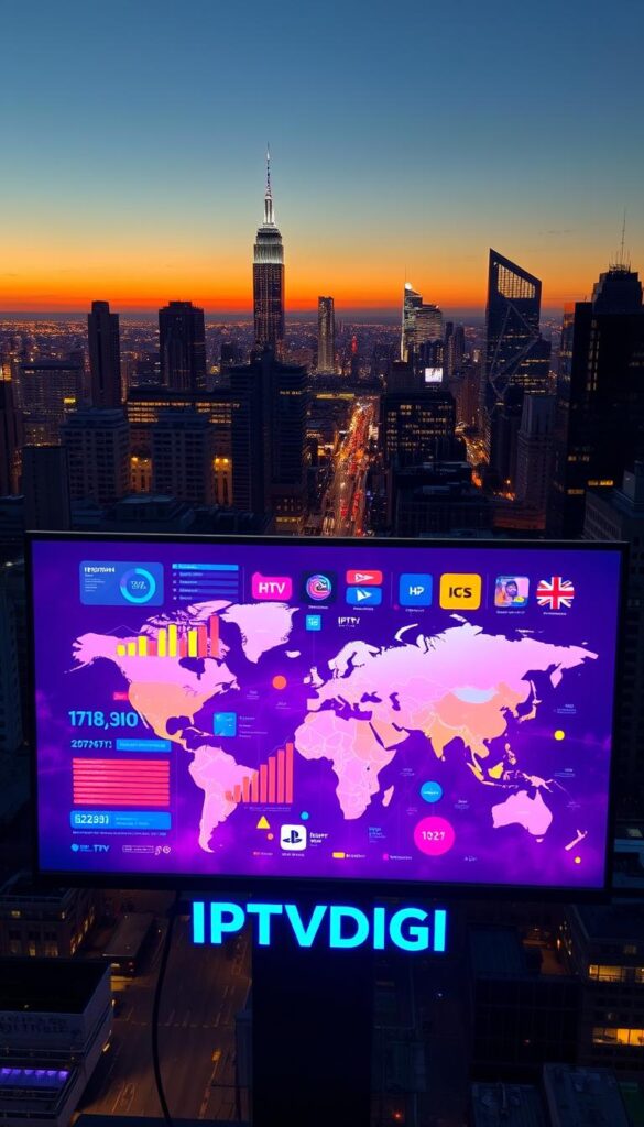 A bustling cityscape, illuminated by the warm glow of evening lights, with skyscrapers and office buildings in the background. In the foreground, a dynamic display showcasing the growth of the IPTV reseller market, represented by the IPTVDIGI brand. Vibrant data visualizations, charts, and graphs depict the industry's expansion, while a stylized world map highlights the global reach of IPTV services. The scene exudes a sense of energy and opportunity, reflecting the booming nature of the IPTV reseller market.