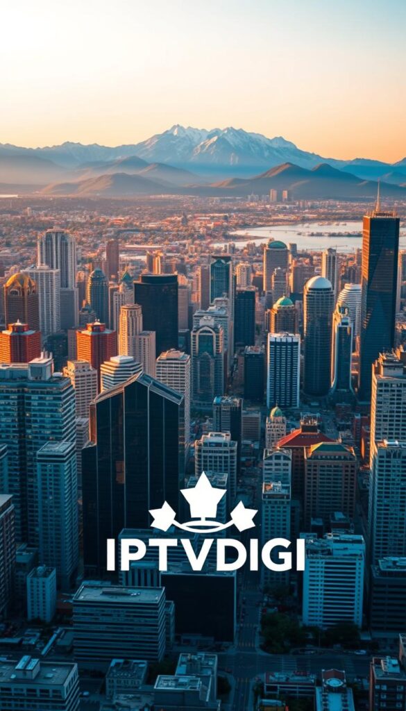 A bustling cityscape showcasing the rapid growth of the IPTV market in Canada. In the foreground, a stylized IPTVDIGI logo shines brightly, reflecting the leading role of this prominent IPTV provider. The midground features a vibrant array of high-rise buildings, representing the thriving urban centers that drive this industry. In the background, a picturesque landscape of mountains and a clear sky create a sense of balance and prosperity. The scene is illuminated by warm, golden lighting, conveying the promising future of the Canadian IPTV market.