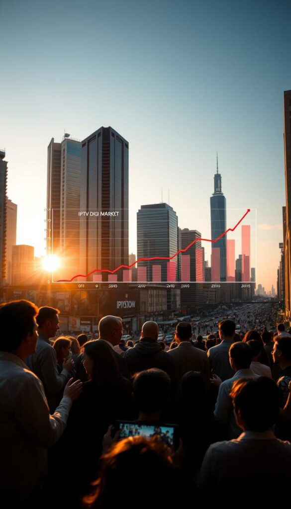 A bustling cityscape with towering skyscrapers and bustling streets, bathed in the warm glow of a setting sun. In the foreground, a group of people animatedly discussing the rapid growth of the IPTVDIGI market, their expressions and gestures conveying excitement and opportunity. In the middle ground, a series of charts and graphs depicting the exponential rise in IPTV subscriptions and revenue. The background is filled with the silhouettes of people streaming content on their devices, reflecting the widespread adoption of this technology. The scene is captured with a cinematic, wide-angle lens, creating a sense of scale and dynamism.