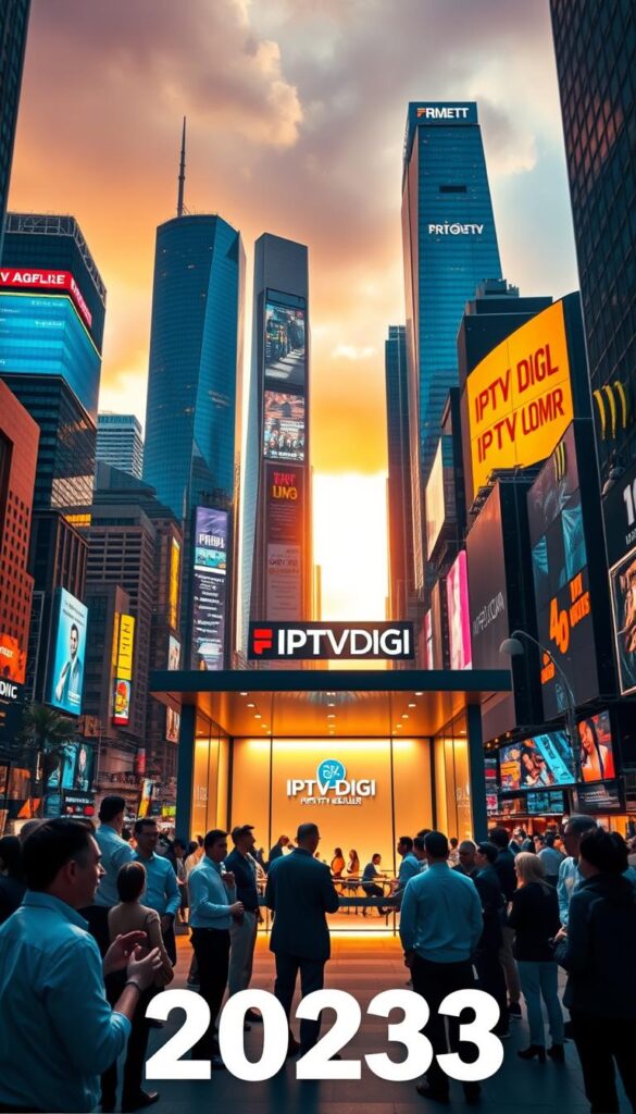 A bustling cityscape with towering skyscrapers and neon-lit billboards, showcasing the rapid growth of the IPTV reselling market. In the foreground, a group of people engaged in animated discussions, representing the thriving IPTV reseller community. The middle ground features a sleek, modern office space with the IPTVDIGI logo prominently displayed, symbolizing the lucrative opportunities in this industry. The background is bathed in a warm, golden glow, conveying a sense of prosperity and excitement. The scene is captured with a wide-angle lens, emphasizing the scale and dynamism of the IPTV reselling landscape in 2023.