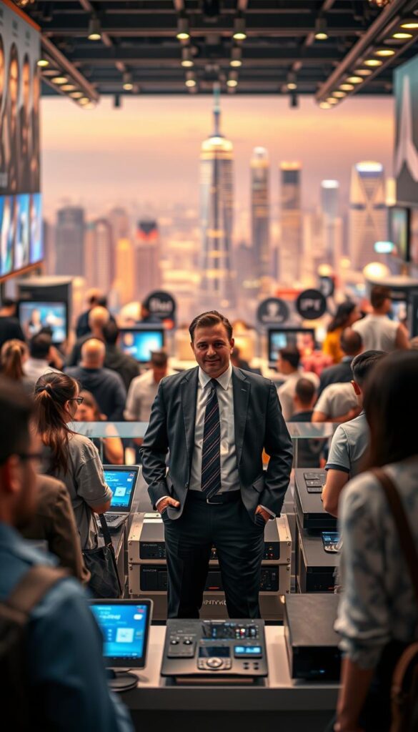 A bustling global marketplace, showcasing the growing demand for IPTV reselling services. In the foreground, a well-dressed IPTVDIGI distributor stands amidst a diverse array of customers, each seeking the latest IPTV offerings. The middle ground features a sleek, high-tech display of IPTV hardware and software, highlighting the technological advancements powering this dynamic industry. In the background, a vibrant, cosmopolitan cityscape serves as the backdrop, symbolizing the worldwide reach of IPTV reselling. Soft, warm lighting illuminates the scene, creating an atmosphere of professionalism and success. The overall composition conveys the growth and global significance of the IPTV reseller market.