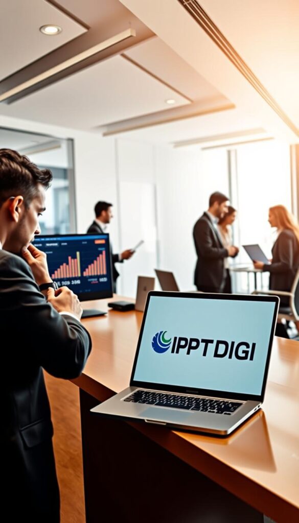 A bustling office scene with a desk prominently featuring the IPTVDIGI brand logo. On the desk, a laptop displays IPTV reseller statistics and analytics, hinting at the growth opportunities in this industry. The foreground showcases a professional in a suit, deep in thought as they review the data. The middle ground features other IPTV resellers collaborating, discussing strategies and sharing insights. The background depicts a modern, well-lit workspace with sleek, minimalist design elements, conveying a sense of innovation and progress. The overall mood is one of excitement and anticipation, capturing the growing potential of the IPTV reseller market.