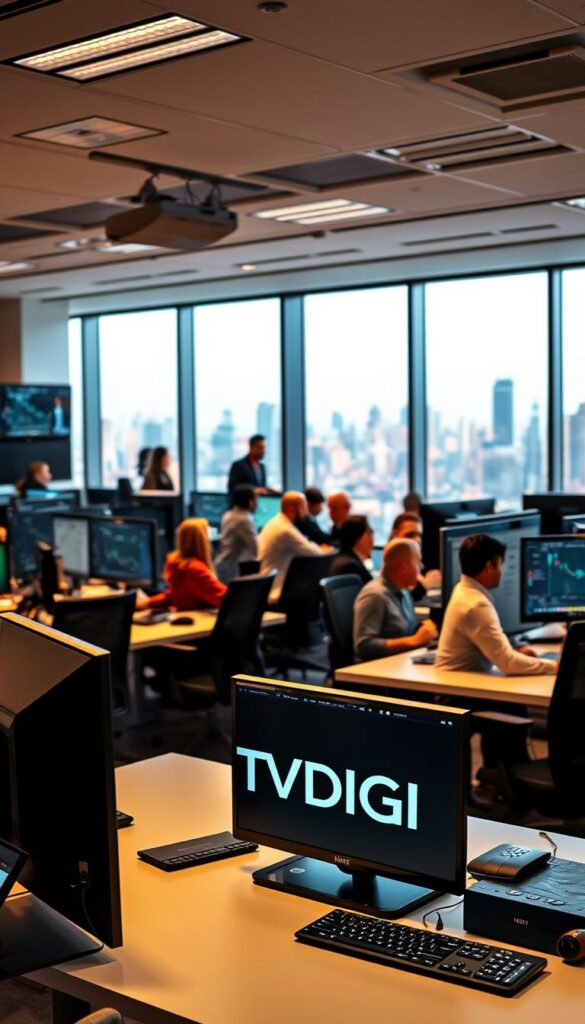 A bustling office space, filled with the hum of computers and the energy of a thriving IPTV reseller business. In the foreground, a desk with a sleek, modern IPTVDIGI logo prominently displayed, surrounded by high-end monitoring equipment and a neatly organized workspace. The middle ground features a team of professionals collaborating, analyzing sales data and strategizing on customer acquisition. In the background, a large, panoramic window offers a view of a vibrant city skyline, signifying the growth and success of the IPTV reseller venture. Warm, focused lighting casts a sense of professionalism and productivity, while the overall composition conveys an atmosphere of a well-oiled, prosperous IPTV reseller business.