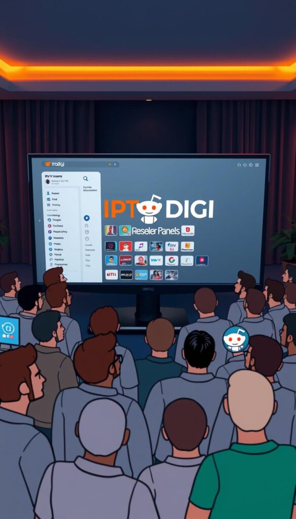 A bustling online community gathered around a large desktop computer screen, displaying the IPTVDIGI logo prominently. In the foreground, animated avatars and profiles of Reddit users engage in lively discussions about IPTV reseller panels, sharing insights and experiences. The middle ground features a sleek, minimalist interface with various IPTV-related tools and resources. In the background, a dimly lit room with warm, ambient lighting sets the tone for this intimate, tech-savvy gathering. The overall scene conveys a sense of collaboration, knowledge-sharing, and a shared passion for the IPTV reseller ecosystem.
