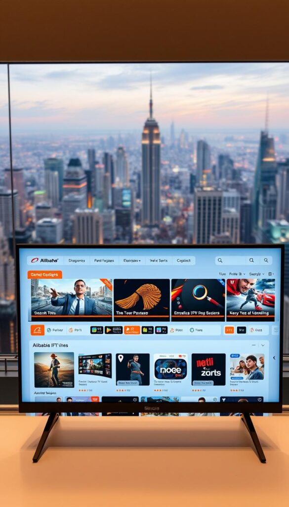 A bustling online marketplace, the Alibaba IPTV reseller platform showcases a diverse array of IPTVDIGI streaming services. In the foreground, a sleek, modern interface displays various IPTV packages and subscription options. The middle ground features product images, reviews, and pricing details, allowing potential customers to navigate the selection with ease. In the background, a vibrant cityscape evokes the global reach of Alibaba's e-commerce ecosystem, hinting at the vast network of IPTV resellers and providers available. Soft, warm lighting and a minimalist color palette create a professional, trustworthy atmosphere, inviting users to explore the IPTV reseller Alibaba marketplace.