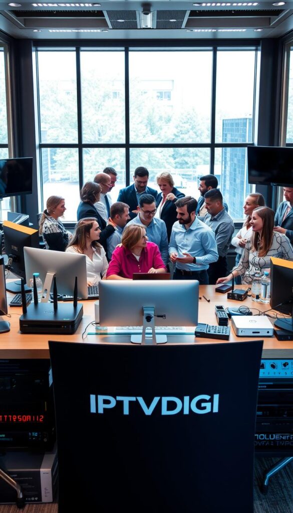 A bustling scene of IPTV reselling opportunities, set against a backdrop of a sleek, modern office space. In the foreground, a desk adorned with the IPTVDIGI brand logo, surrounded by various devices and equipment used in IPTV reselling, such as modems, routers, and streaming boxes. The middle ground showcases a team of professionals engaged in lively discussions, analyzing data and strategizing, their expressions conveying the excitement and potential of this growing industry. The background is illuminated by large windows, allowing natural light to flood the space, creating a sense of openness and opportunity. The overall atmosphere exudes a dynamic, forward-thinking energy, reflecting the burgeoning IPTV reselling market.