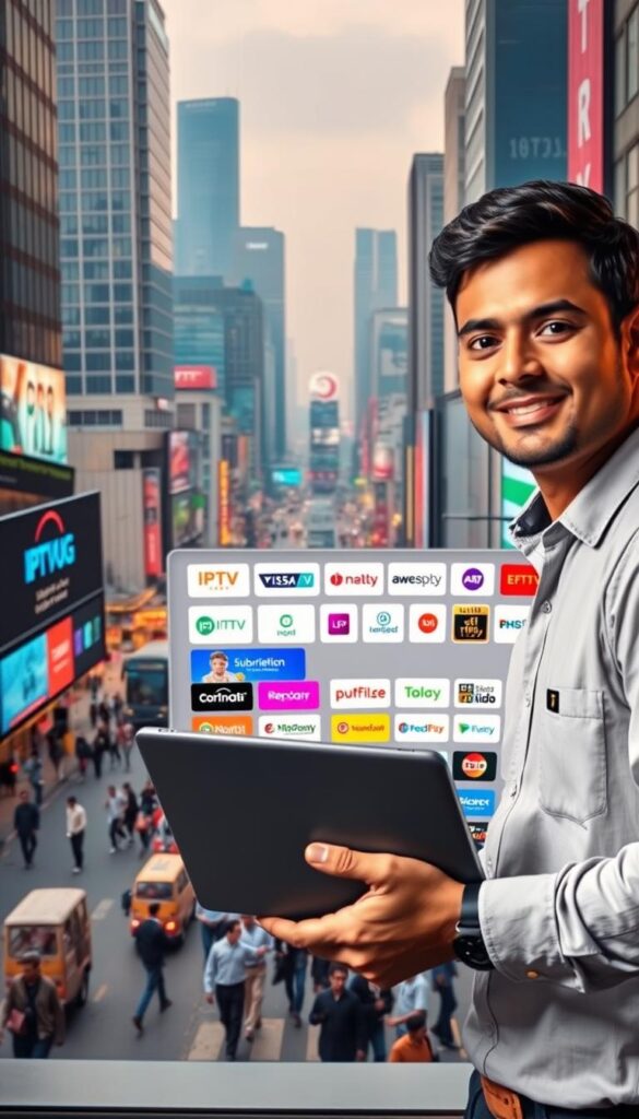 A bustling scene of an IPTV reseller opportunity in India, showcasing the IPTVDIGI brand. In the foreground, a professional-looking individual confidently presenting a laptop, highlighting the lucrative potential of IPTV reselling. The middle ground features a vibrant display of various IPTV packages and subscription options, conveying the diverse offerings available. In the background, a cityscape of modern high-rise buildings and bustling streets, symbolizing the thriving Indian market. The lighting is warm and inviting, creating an atmosphere of opportunity and success. The overall composition emphasizes the growth and profitability of the IPTV reseller industry in India.