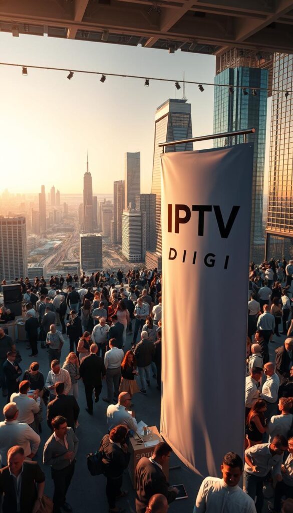 A bustling scene of the IPTV reseller market in 2023, showcasing the growth and opportunities. In the foreground, a large IPTVDIGI banner stands prominently, attracting the attention of potential resellers. The middle ground is filled with a diverse array of people engaged in discussions, negotiations, and transactions, representing the vibrant and dynamic nature of the industry. In the background, a cityscape with towering skyscrapers and a bustling metropolis sets the stage, conveying the sense of a thriving, global marketplace. The scene is illuminated by warm, golden lighting, creating a welcoming and prosperous atmosphere. The overall composition captures the energy, excitement, and potential of the expanding IPTV reseller market.