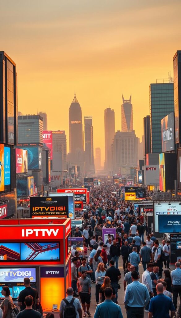 A bustling scene of the IPTV reseller market in 2025, showcasing the growth and dynamism of the industry. In the foreground, a vibrant IPTVDIGI booth stands out, attracting a crowd of potential resellers and customers. The middle ground is filled with a diverse array of resellers, each offering their unique IPTV packages and services, negotiating deals and exchanging ideas. In the background, a skyline of modern high-rise buildings and neon-lit billboards creates an urban, futuristic atmosphere, reflecting the technological advancements and rapid expansion of the IPTV reseller market. The scene is illuminated by warm, golden lighting, creating a sense of prosperity and optimism. Overall, the image conveys the sense of a thriving, innovation-driven IPTV reseller industry poised for continued growth and success.