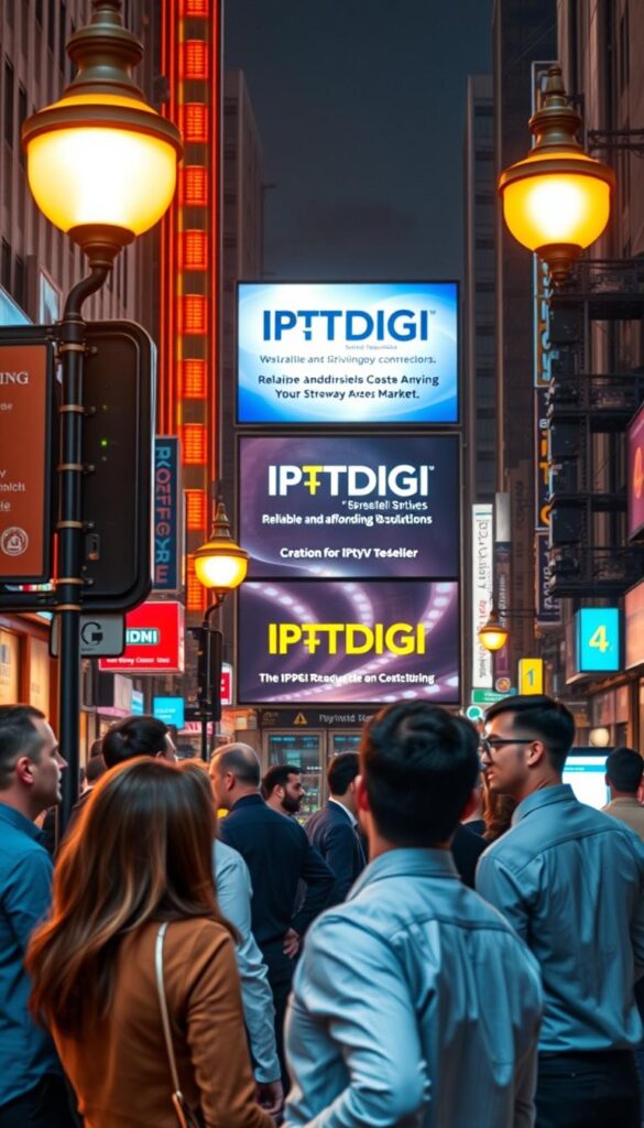 A bustling urban setting, illuminated by the warm glow of street lamps and neon signs. In the foreground, a group of individuals, dressed in business attire, engaged in animated discussions. They represent the target market for IPTVDIGI, an IPTV reseller service. The middle ground features a large billboard showcasing the IPTVDIGI brand, promoting its reliable and affordable streaming solutions. In the background, a network of interconnected devices and servers, symbolizing the technological infrastructure that powers the IPTV industry. The overall scene conveys a sense of opportunity, professionalism, and the potential for success in the IPTV reseller market.
