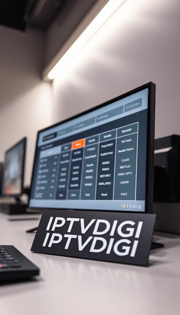 A close-up shot of a desk displaying the IPTVDIGI brand logo, showcasing a series of reseller plan options on a sleek, minimalist interface. The display has a modern, sophisticated design with clean lines and a neutral color palette, creating a professional and trustworthy atmosphere. The lighting is soft and evenly distributed, highlighting the details of the plan offerings. The background is blurred, keeping the focus on the reseller plans and the IPTVDIGI branding. The overall impression is one of a reliable and user-friendly IPTV reseller platform, ready to support the growth of a new IPTV business.