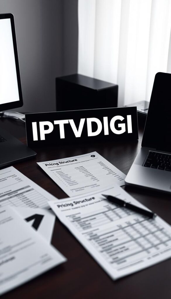 A close-up shot of a desk displaying the IPTVDIGI logo prominently, surrounded by various financial documents, spreadsheets, and a sleek, modern laptop. The lighting is soft and diffused, creating a professional and authoritative atmosphere. The focus is on the pricing structure details, which are clearly visible on the documents, with a minimalist layout that emphasizes the key information. The overall tone is one of sophisticated, data-driven business strategy.