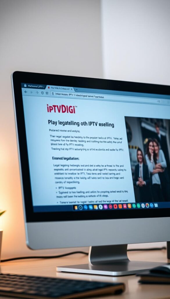 A close-up shot of a desktop computer display, showcasing a sleek and minimalist IPTVDIGI website interface. The screen presents a legal analysis of IPTV reselling, with a balanced discussion of the complex legal landscape. The image conveys a sense of professionalism and attention to detail, reflecting the nuanced, well-researched nature of the topic. The lighting is soft and diffused, creating a calming atmosphere, while the camera angle suggests a thoughtful, analytical perspective. The overall composition and styling suggest a high-quality, authoritative resource on the subject.