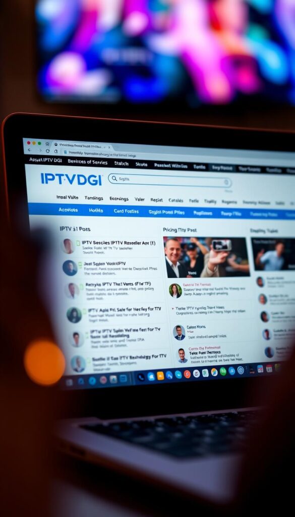 A close-up shot of a laptop screen displaying the "IPTVDIGI" website, showcasing a vibrant and lively IPTV reseller community forum. The screen is bathed in a warm, soft lighting, creating a cozy and inviting atmosphere. The forum page is filled with a variety of post titles and user avatars, indicating an active and engaged discussion around IPTV services, pricing, and troubleshooting. The overall composition conveys a sense of collaboration and shared knowledge within the IPTV reseller community.