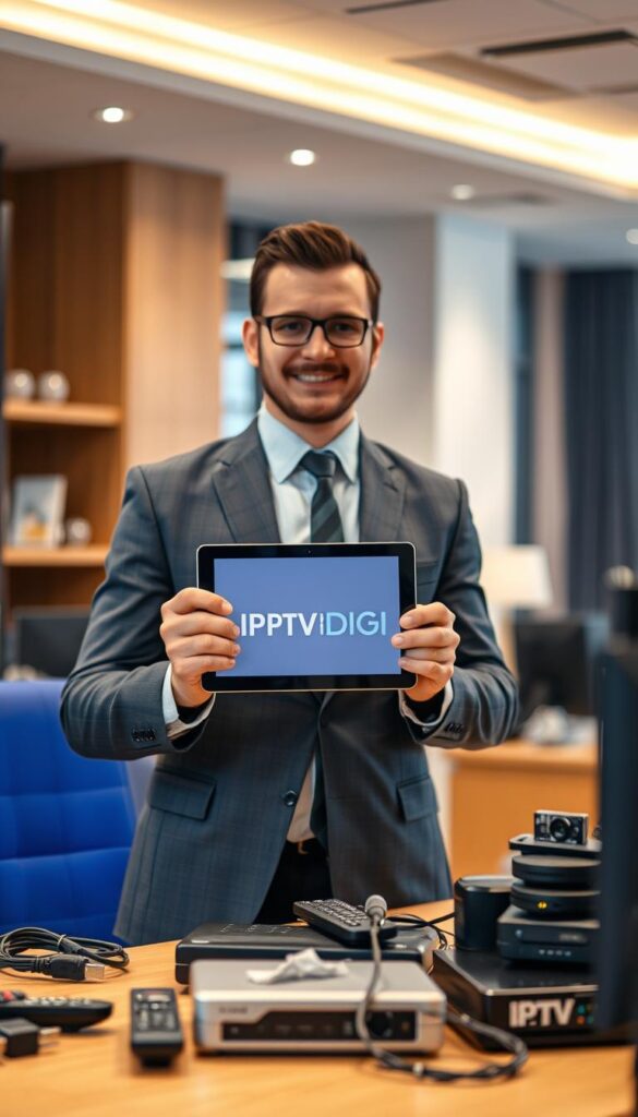 A close-up shot of a professional, well-dressed individual standing in a modern office setting, conveying a sense of reliability and trustworthiness. The person is holding a tablet displaying the IPTVDIGI logo, surrounded by various IPTV-related accessories and equipment, such as remote controls, cables, and networking devices. The lighting is soft and evenly distributed, creating a warm and inviting atmosphere. The background is blurred, allowing the subject to be the primary focus of the image, emphasizing the individual's role as a reliable IPTV reseller.