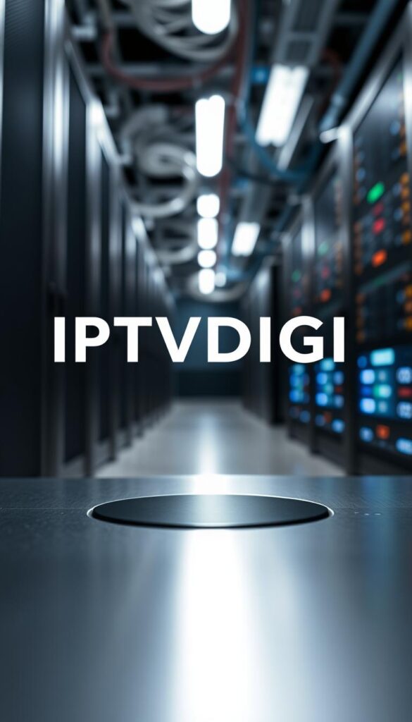 A close-up shot of a stylized IPTVDIGI logo, rendered in a minimalist, flat design aesthetic. The logo is displayed on a sleek, metallic surface, with a backdrop of blurred network cables, servers, and data center infrastructure. The lighting is soft and diffused, creating a sense of reliability, stability, and professionalism. The composition emphasizes the IPTVDIGI brand's commitment to providing a dependable and high-quality IPTV service for resellers, with a focus on technical details and the underlying infrastructure that supports it.