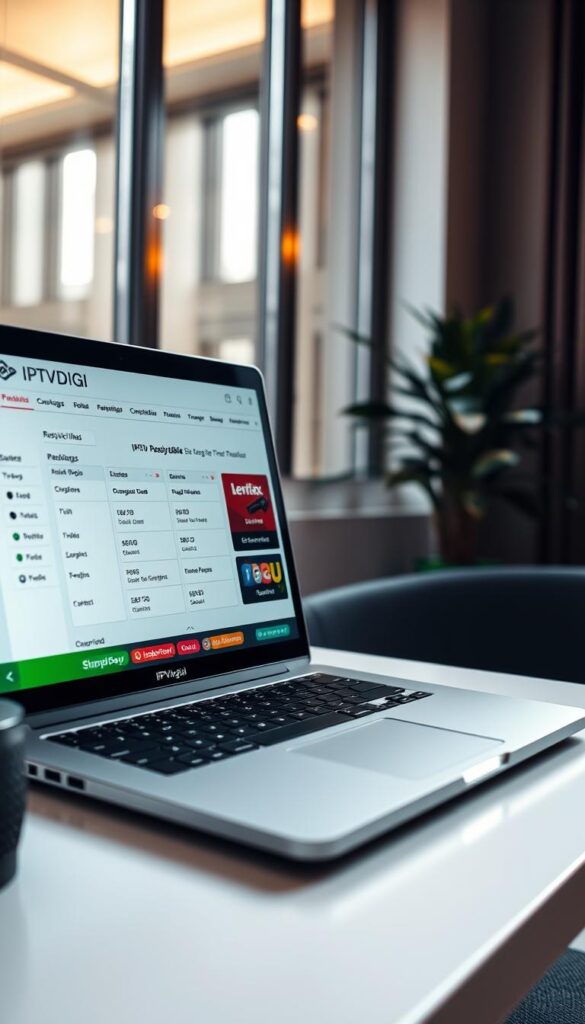 A close-up shot of an IPTVDIGI branded reseller platform, showcasing a sleek and intuitive user interface on a modern laptop screen. The display features a clean layout with prominently displayed package options, subscription details, and an easy-to-navigate menu. The laptop is positioned on a minimalist desk, surrounded by a subtle, well-lit office environment with warm, natural lighting filtering through large windows. The overall scene conveys a sense of professionalism, reliability, and user-friendliness associated with the top-rated IPTV reseller UK service.