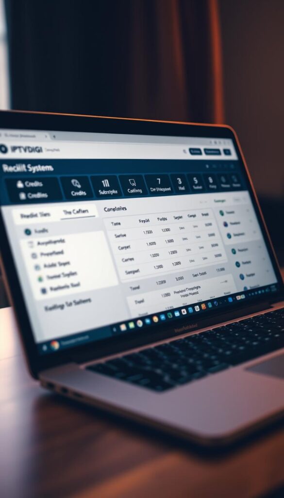 A close-up shot of an IPTVDIGI reseller dashboard displayed on a laptop screen, showcasing the credit system and pricing structure. The interface features a clean, modern design with intuitive navigation. Various pricing tiers and subscription options are neatly organized, along with a clear breakdown of credits, discounts, and payment methods. The dashboard is bathed in a soft, warm lighting, creating a professional and trustworthy atmosphere. The scene conveys a sense of reliability and transparency, highlighting the key features that an IPTV reseller in the UK would need to know.