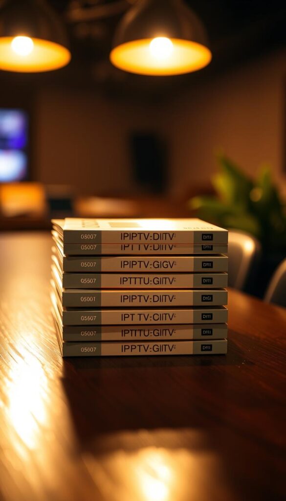 A close-up shot of stacked IPTVDIGI credit packages on a dark wooden table, illuminated by warm overhead lighting. The packages are neatly arranged, their designs featuring the IPTVDIGI logo and branding. The foreground showcases the tactile textures of the premium packaging materials, while the middle ground reveals the various credit denominations available. The background is softly blurred, creating a sense of depth and focus on the central subject. The overall mood is one of exclusivity and professionalism, reflecting the high-quality IPTVDIGI content and services.