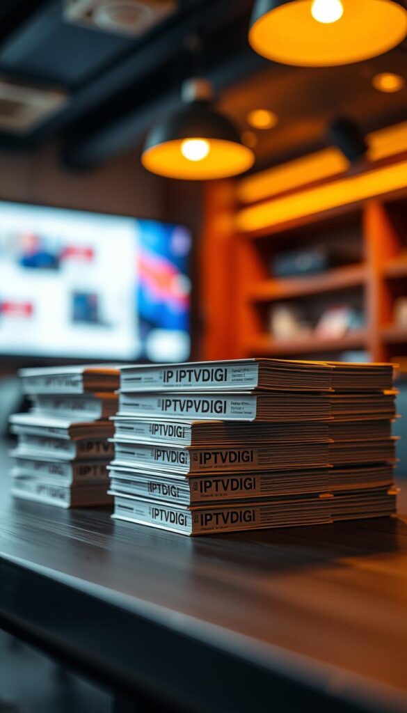 A close-up shot of stacked IPTVDIGI credit packages on a dark wooden table, illuminated by warm overhead lighting. The packages are neatly arranged, showcasing the brand name prominently. The image has a professional, business-like atmosphere, conveying the reliability and value of the IPTVDIGI reseller credit system. The focus is on the credit packages, with a shallow depth of field blurring the background to emphasize the subject. The lighting casts subtle shadows, adding depth and dimension to the scene.