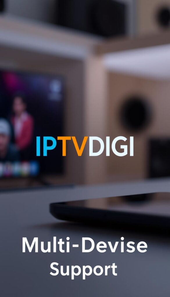 A close-up shot of the IPTVDIGI logo, showcasing its multi-device support capabilities. The logo is prominently displayed, with a sleek and modern design, conveying a sense of professionalism and reliability. The background is softly blurred, creating a focus on the logo and emphasizing its importance. The lighting is slightly directional, adding depth and dimension to the image. The overall tone is sophisticated and elegant, reflecting the quality and dependability of the IPTVDIGI service.