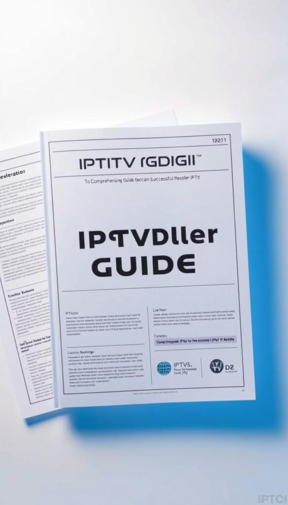 A comprehensive, neatly organized guide to becoming a successful IPTV reseller, titled "IPTV Reseller Guide". The guide features the IPTVDIGI brand logo prominently displayed, with a clean, minimalist design. The layout is balanced, with a mix of informative text and relevant visual elements. The lighting is soft and even, creating a professional, authoritative atmosphere. The angle is slightly elevated, giving the viewer a sense of authority and expertise. The overall mood is one of knowledge, expertise, and a clear path to success in the IPTV reselling business.