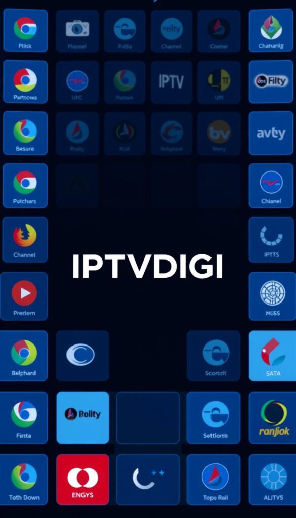 A crowded IPTV reseller channel selection interface, with a striking blue and gray color scheme. The foreground displays a grid of channel logos, each displayed on a sleek, minimalist tile. The middle ground showcases the IPTVDIGI brand name prominently, conveyed through a bold, futuristic typeface. The background features a subtle pattern of data visualizations, suggesting the complex technological infrastructure that powers the IPTV service. The overall scene conveys a sense of professionalism, efficiency, and the breadth of content available to users, creating an impression of a sophisticated IPTV offering.