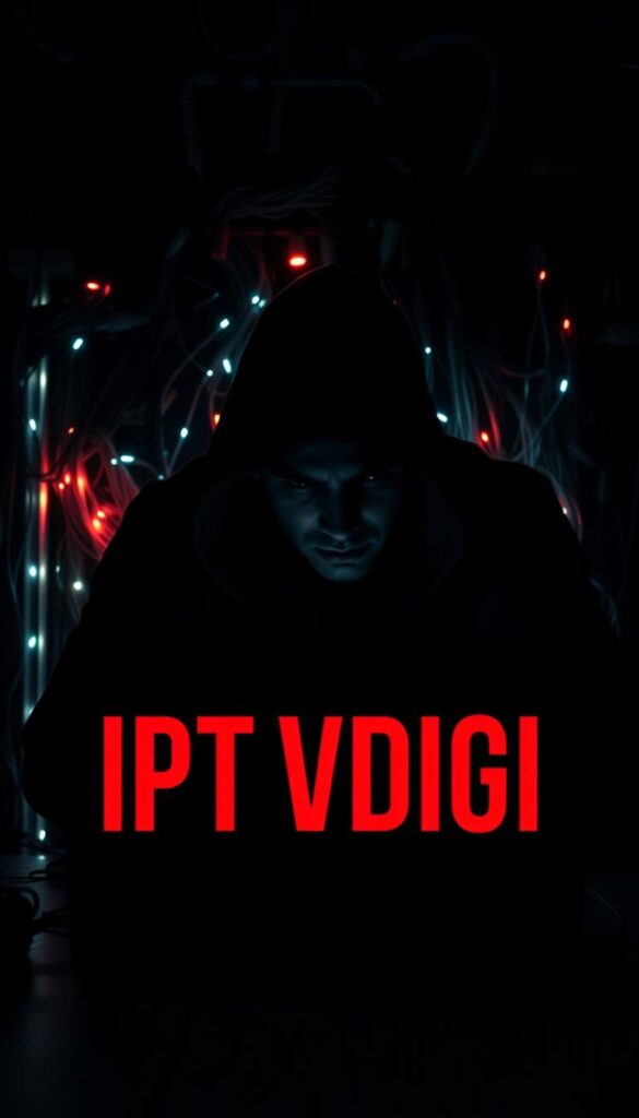 A dark, shadowy figure hunched over a laptop, the glow of the screen casting an ominous light on their face. The background is a maze of tangled wires and blinking LEDs, hinting at the complex infrastructure of IPTV piracy. In the foreground, the words "IPTVDIGI" are prominently displayed, a nod to the thriving black market for unauthorized streaming services. The scene is captured with a high-contrast, noir-inspired aesthetic, conveying the illicit and clandestine nature of this digital underground.