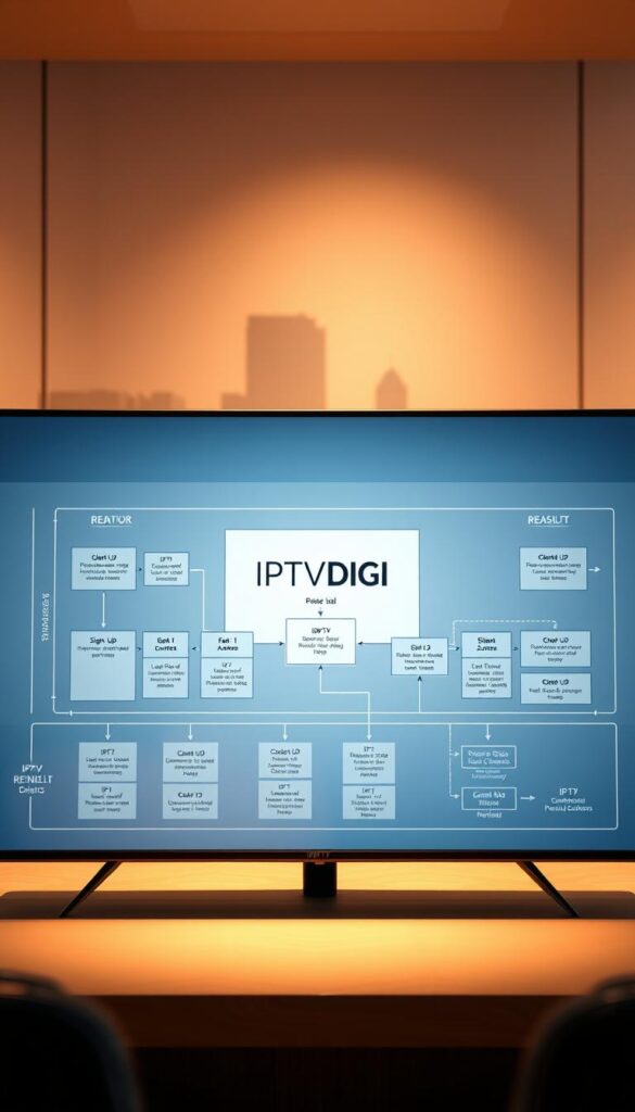 A detailed digital blueprint of an IPTV reselling business model, rendered in a sleek, minimalist style. In the foreground, a central panel showcases the IPTVDIGI brand name, conveying a sense of professionalism and authority. The middle ground features a flow diagram outlining the key components of the reselling process, including client sign-ups, content access, and revenue streams. The background depicts a subtle cityscape, hinting at the global reach and scalability of the IPTV reselling enterprise. The overall composition is illuminated by warm, directional lighting, creating a sense of depth and sophistication.
